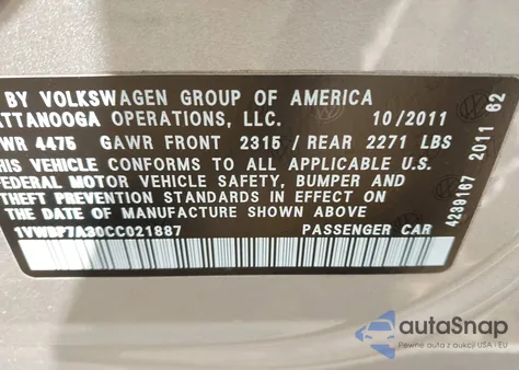 2012 Volkswagen Passat 2.5L Se из США, поврежденный, VIN 1VWBP7A30CC021887